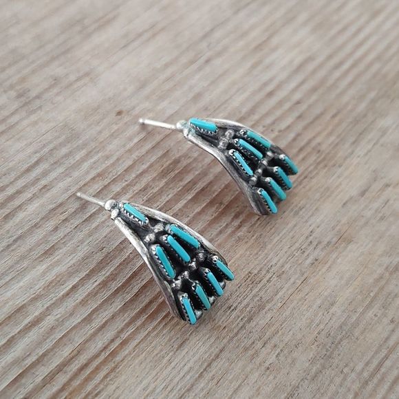 Vintage Jewelry - Vintage Sterling Silver Petit Point Turquoise Earrings Signed Pierced Zuni